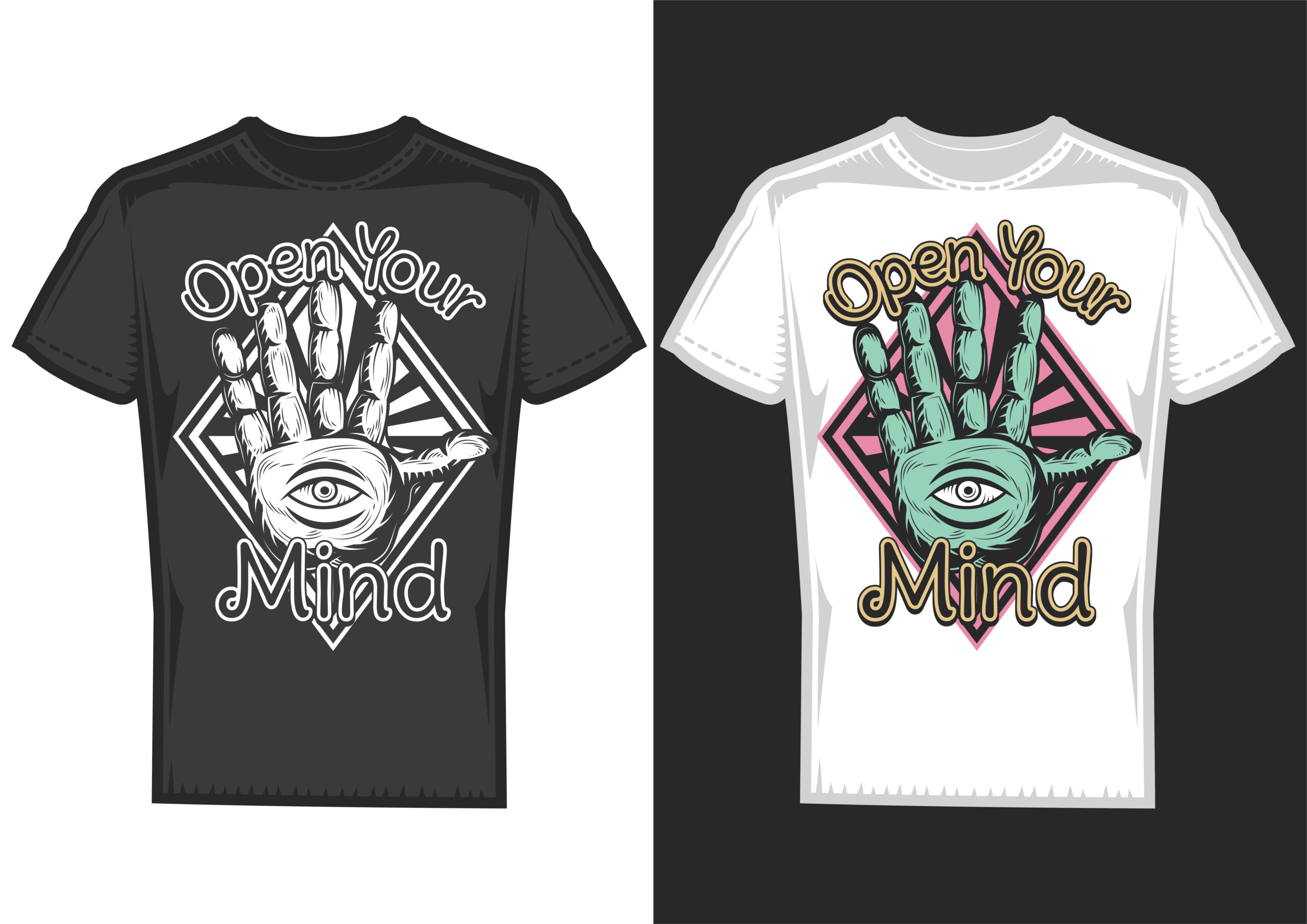 T-shirt design samples with illustration of guessing on arm design.