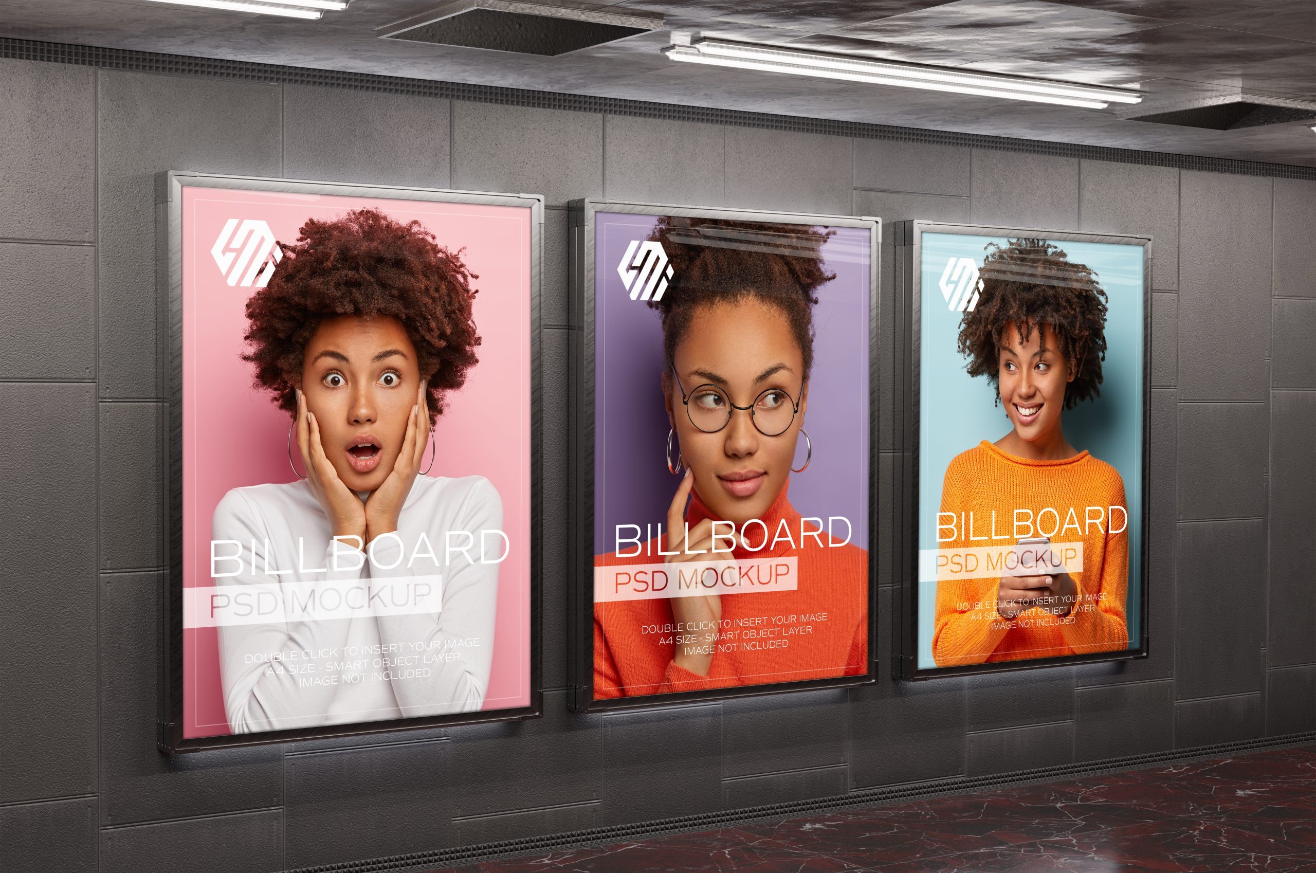 Three billboards on underground subway wall Mockup