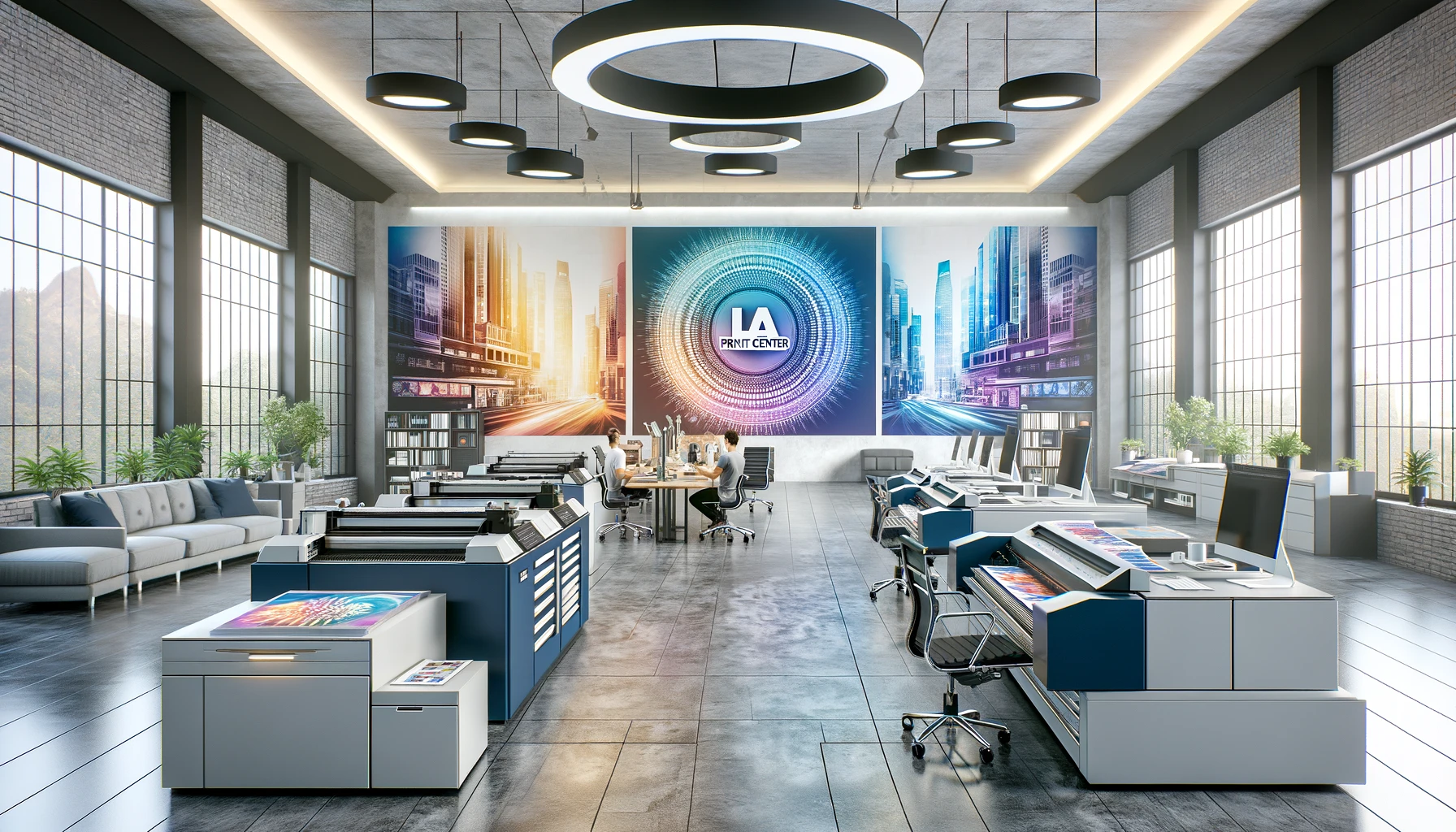 DALL·E 2024-06-12 01.08.42 - A refined and elegant wall decal design tailored for LA Print Center, depicting a high-end print shop environment. The image portrays a sophisticated