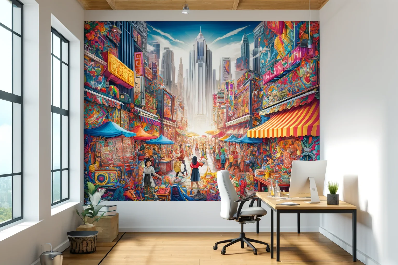 DALL·E 2024-06-12 02.08.31 - A vibrant and engaging wall decal design for LA Print Center's website, suitable for a modern marketing office. The scene features a large wall decal