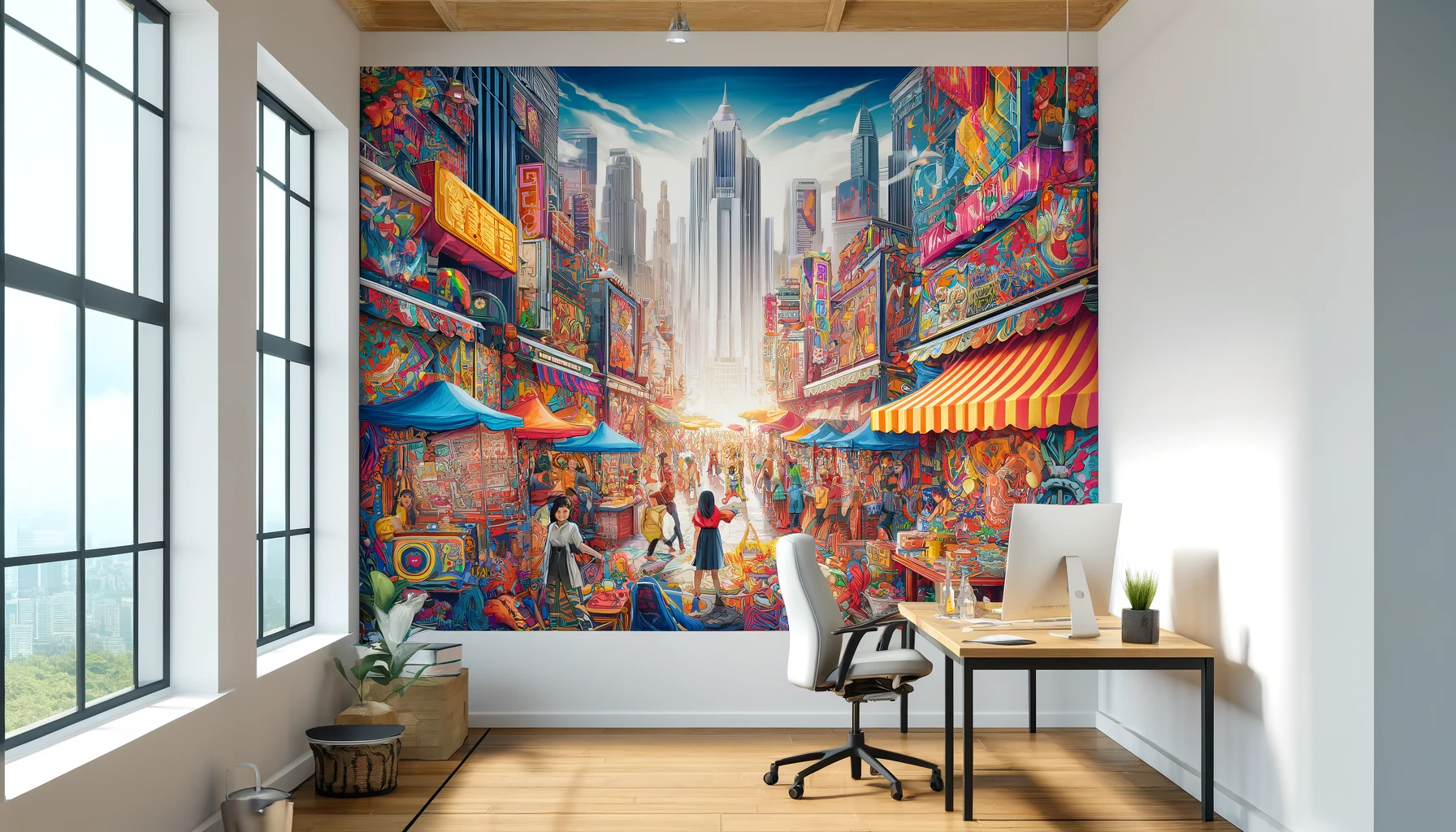 DALL·E 2024-06-12 02.08.31 - A vibrant and engaging wall decal design for LA Print Center's website, suitable for a modern marketing office. The scene features a large wall decal